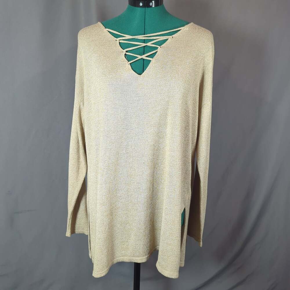 Thyme & Honey Oatmeal Lace Up Knit Tunic Sweater Medium